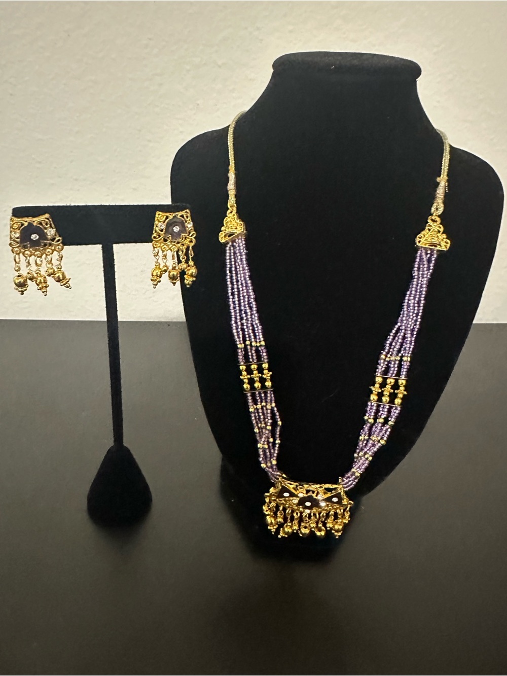 Handcrafted Purple Beaded Gold-Tone Necklace & Earring Set